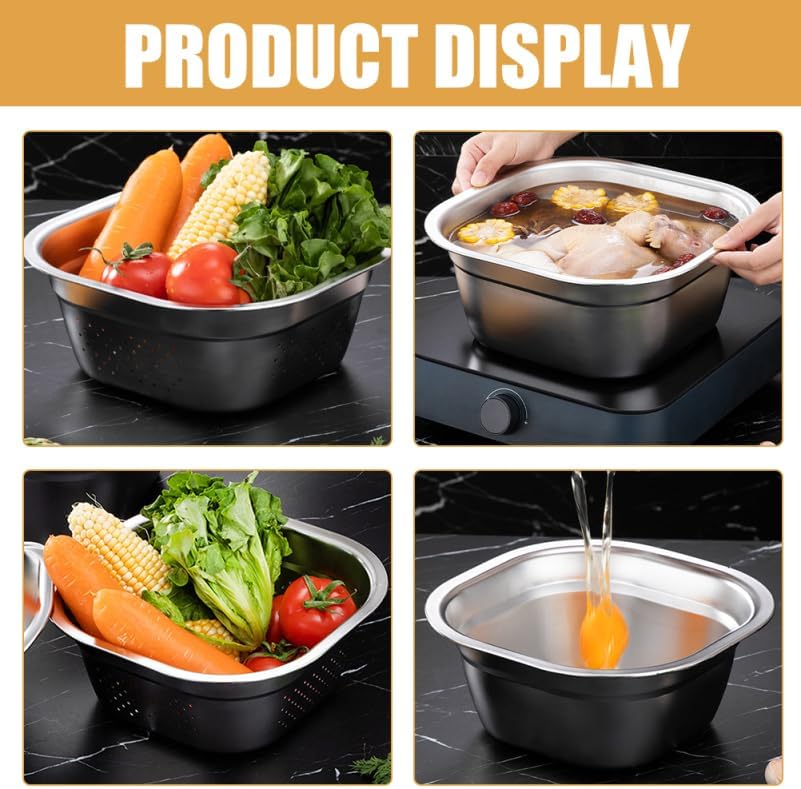 Multifunctional Square Vegetable Washing Basin 9.84 Inch Large Capacity Stainless Steel Kitchen Sink Tub for Food Prep and Cleaning