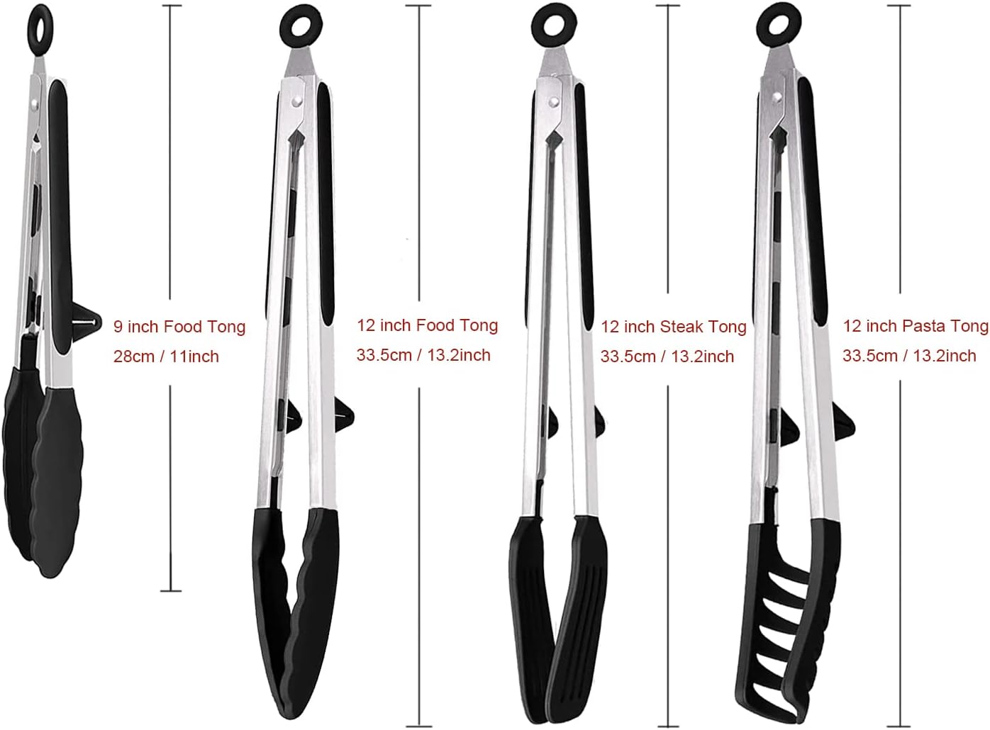 4 Pack Silicone Kitchen Cooking Tongs Set, Stainless Steel Nonstick Food Tong with BPA Free Silicone Tips for Serving Pasta Spaghetti Steak Pie Pizza Salad Vegetable Fruit Grilling BBQ Buffet 9" & 12"