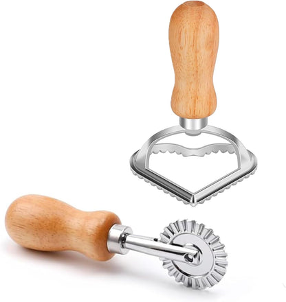 Ravioli Pasta Cutter Wooden Handle Ravioli Mold,One Square and One Round Suitable for Ravioli, Pasta, Biscuits, Etc