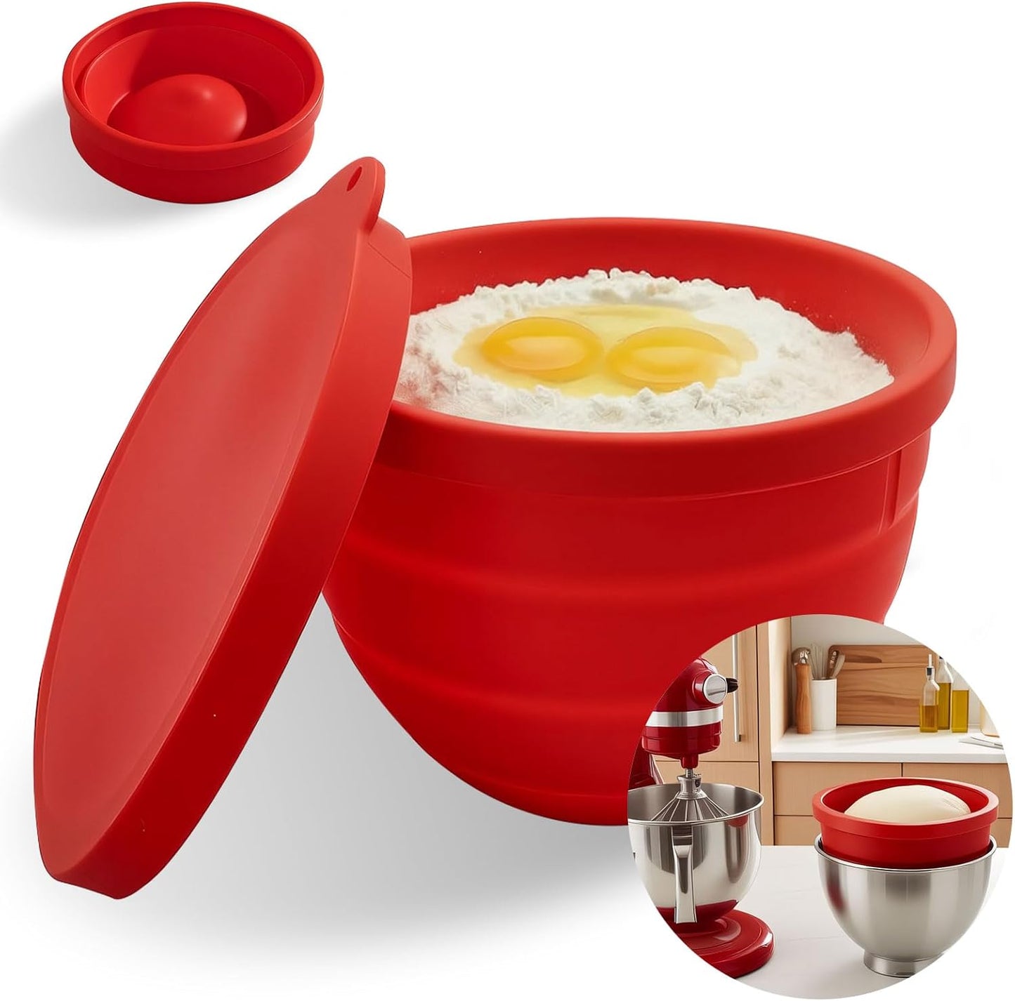 3 Pack Silicone Bowl Liners with Lids for KitchenAid 5QT Tilt Head Mixer, Collapsible Food-Grade Bowl Inserts, Thick Heat/Cold Resistant Silicone Mixing Bowl Liners