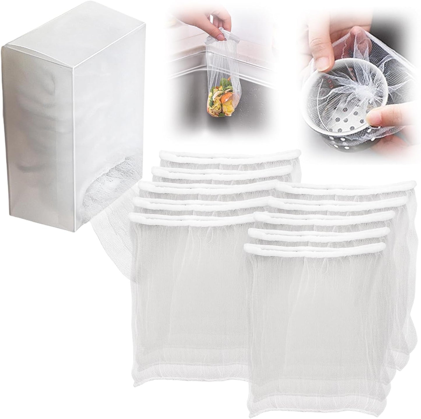 200 PCS Kitchen Sink Drain Strainer Mesh Bag and PP Extraction Box, Disposable Mesh Sink Strainer Bags for Collecting Kitchen Food Waste Leftover Garbage
