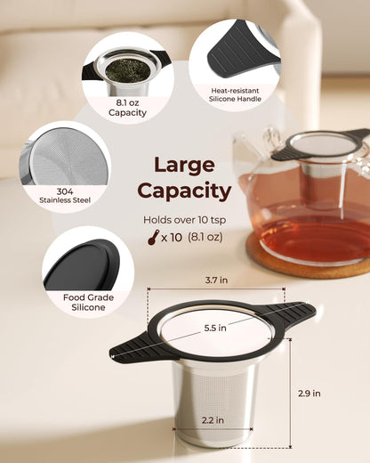 Reinmoson Extra Fine Mesh Tea Strainers & Filters for Loose Tea Single Cup, 304 Stainless Steel and Food Grade Silicone Loose Leaf Tea Steeper for Black Tea, Coffee, Rooibos, etc