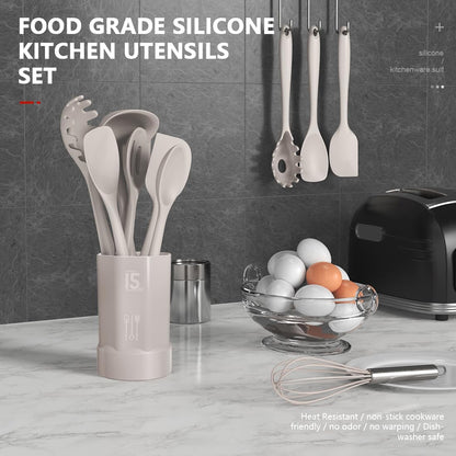 AOTHOD Silicone Cooking Utensils Set - 446°F Heat Resistant Kitchen Utensils,Turner Tongs,Spatula,Spoon,Brush,Whisk,Kitchen Utensil Gadgets Tools Set for Nonstick Cookware,Dishwasher Safe (BPA Free)