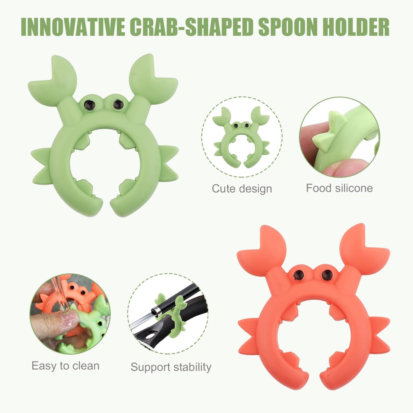 Gosknor 4pcs Crab Spatula Holder, Anti-Scalding Silicone Utensil Holder Crab Utensil Rest Crab Spoon Holder Adjustable Over Spill Stopper for Kitchen Creative Crab Gift (Green, Orange)