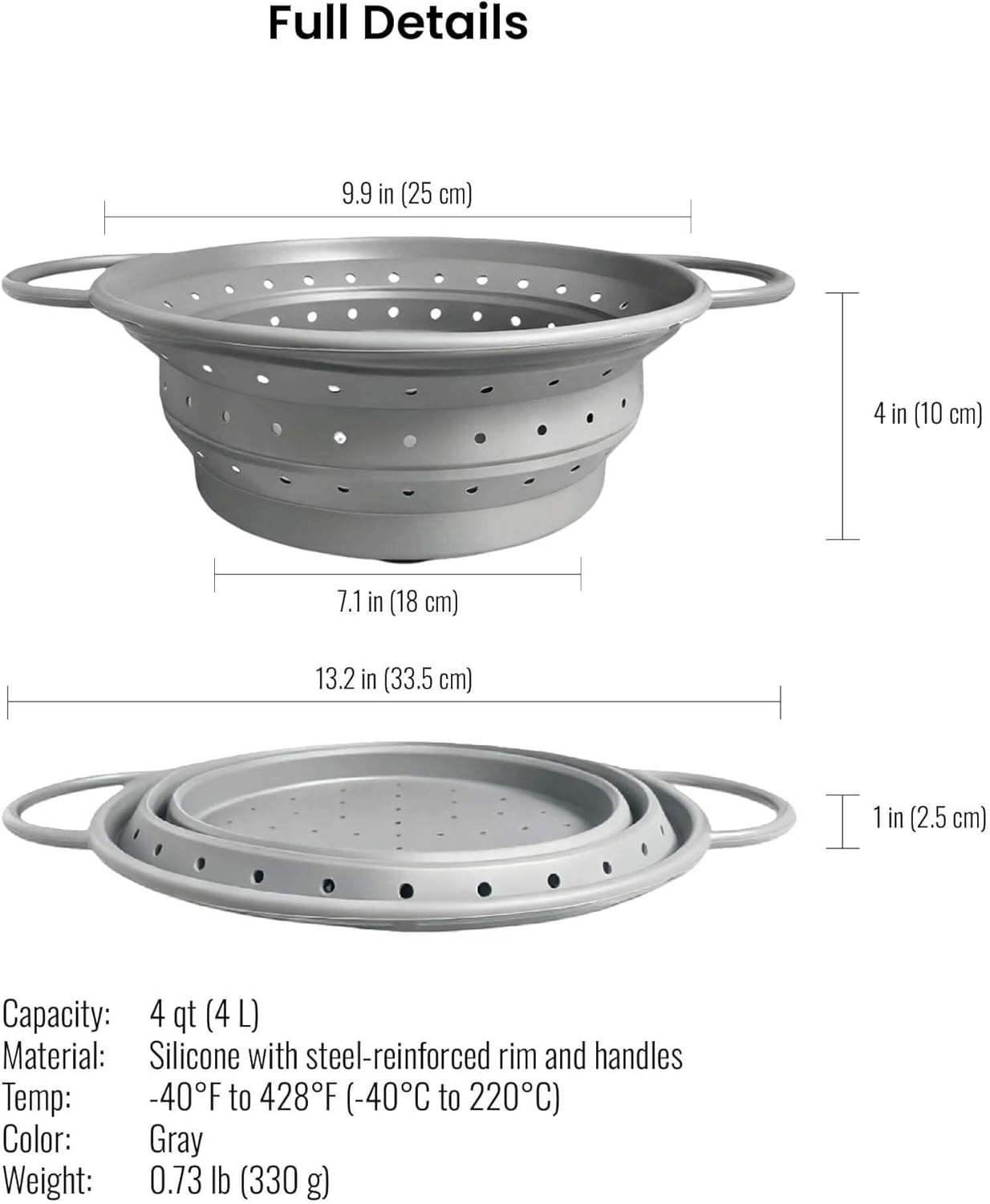 2-Quart Silicone Collapsible Colander – For Kitchen Use, Pasta Strainer, Strainers & Collapsible Strainers (Slate Gray, 2-Quart)