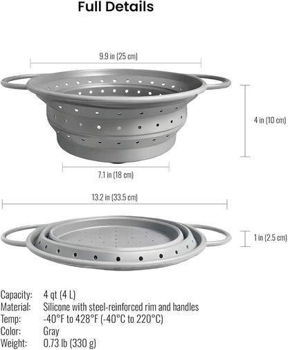 2-Quart Silicone Collapsible Colander – For Kitchen Use, Pasta Strainer, Strainers & Collapsible Strainers (Slate Gray, 2-Quart)