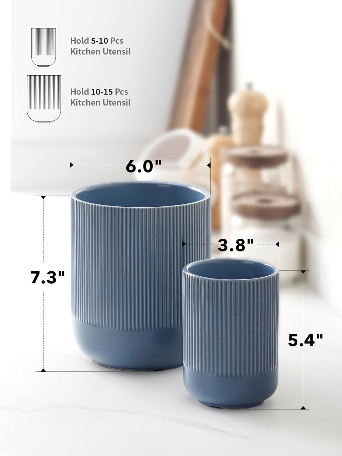 LE TAUCI Utensil Holder for Kitchen Counter, 7.3"+5.4" Fluted Ceramic Utensil Crock Organizer for Countertop, Heavy Large Holder for Spatulas, Spoons, Set of 2, White, Kitchen Counter Decor