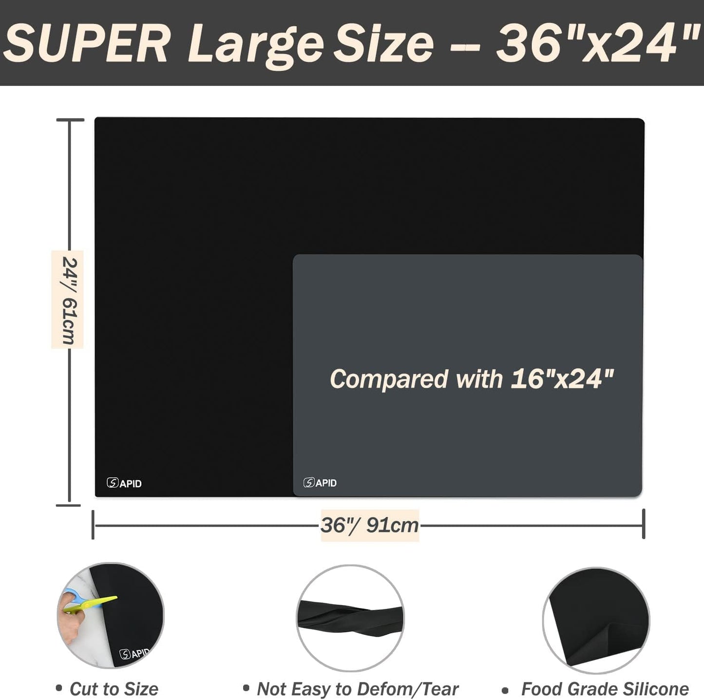 Extra Large Silicone Mat 36" x 24" Place Mats, Heat Resistant Mat for Kitchen Countertop Protector, Thick Placemats Washable Silicone Mats for Kitchen Counter Mat Dining Table Mat, Grey, Sapid