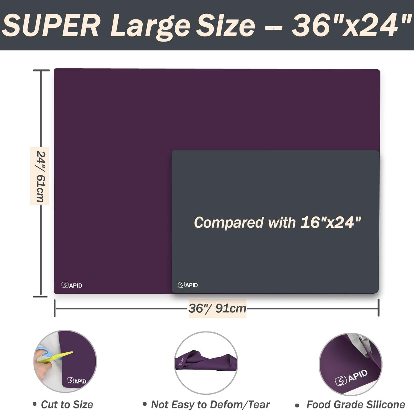 Extra Large Silicone Mat 36" x 24" Place Mats, Heat Resistant Mat for Kitchen Countertop Protector, Thick Placemats Washable Silicone Mats for Kitchen Counter Mat Dining Table Mat, Grey, Sapid