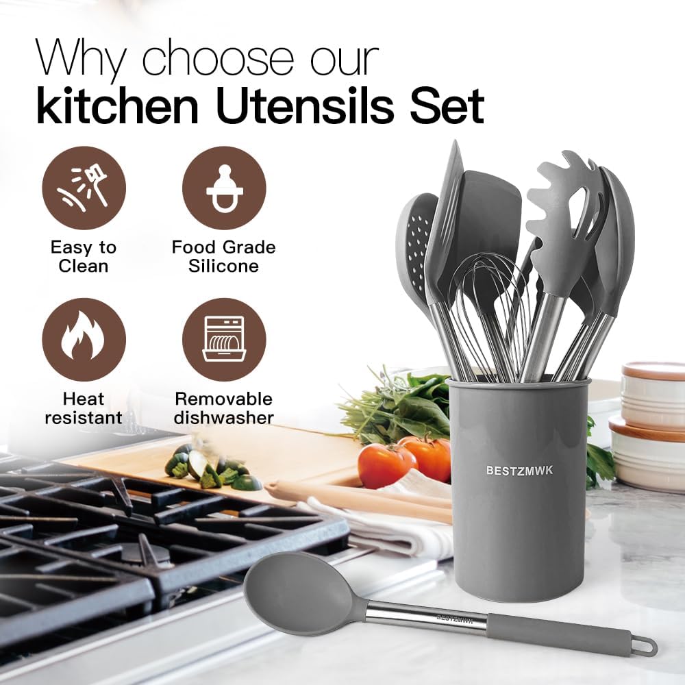 Kitchen Utensils Set-Silicone Cooking Utensils-32 pcs Non-Stick Silicone Cooking Kitchen Utensils Spatula Set with Holder-Best Kitchen Cookware with Stainless Steel Handle (Black)