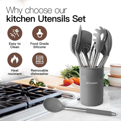 Kitchen Utensils Set-Silicone Cooking Utensils-32 pcs Non-Stick Silicone Cooking Kitchen Utensils Spatula Set with Holder-Best Kitchen Cookware with Stainless Steel Handle (Black)