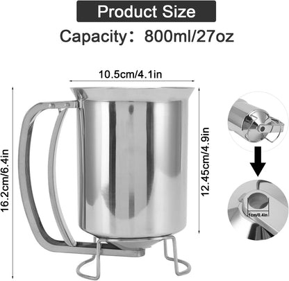 800ml/27oz Pancake Batter Dispenser with Easyflow Spout - Handheld Stainless Steel Pourer for Baking Pancakes, Crepes, Waffles, Cupcakes & Muffins, Measuring Gauge in MLS & Cups (4.1x6.4in)