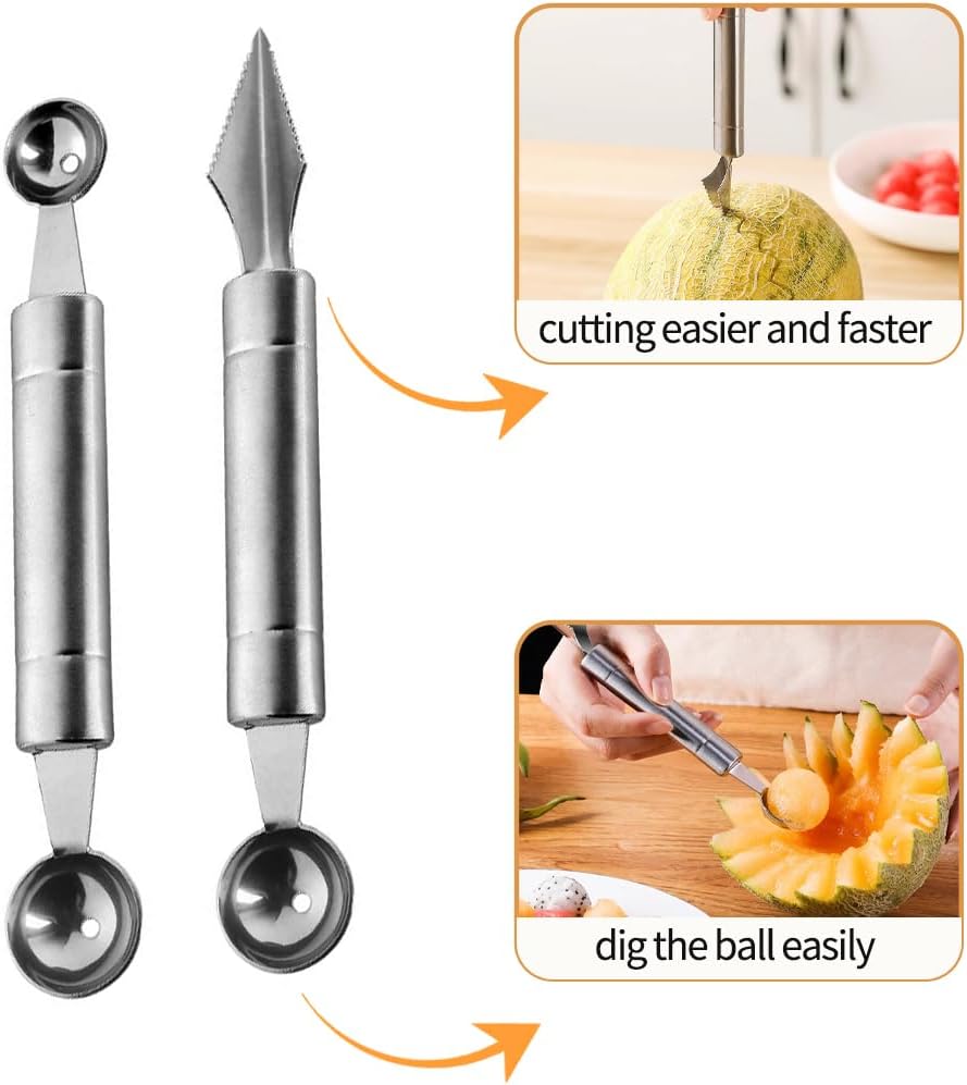 2PCS Stainless Steel Double Headed Watermelon/Honeydew Ball Spoon ，Set Fruit Carving Tool - Suitable for Watermelon and Honeydew Fruit Ice Cream Tools