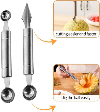 2PCS Stainless Steel Double Headed Watermelon/Honeydew Ball Spoon ，Set Fruit Carving Tool - Suitable for Watermelon and Honeydew Fruit Ice Cream Tools