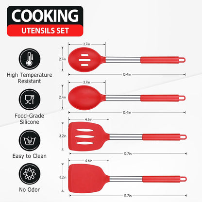 Pack of 4 Large Silicone Cooking Spatulas and Spoons, Slotted and Solid Stainless Steel Cooking Utensils Set, Non-stick Heat Resistant Kitchen for Baking, Fried, Stir-Fry, Mixing, Serving (Black)