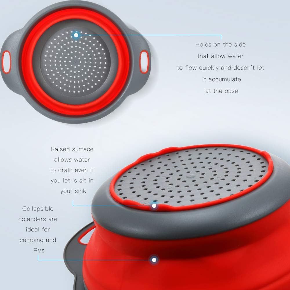 Collapsible Colanders with Handles, Food-Grade Silicone Kitchen Strainer Space-Saving Design For Pasta, Red