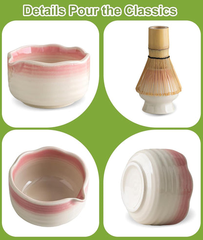 JBER Matcha Whisk Set, Ceramic Matcha Set Includes Bowl & Holder, Bamboo Whisk (Chasen), Sifter, Scoop, Spoon & Rest - 7PCS Matcha Kit Gift for Matcha Lovers & Beginners, Gradient Pink