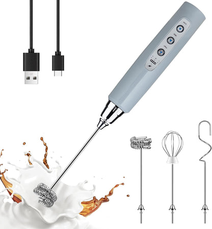 YUSWKO Black Handheld Milk Frother Wand for Coffee, Rechargeable Electric Whisk with 3 Heads 3 Speeds Drink Mixer Coffee Frother For Latte, Cappuccino, Hot Chocolate, Egg