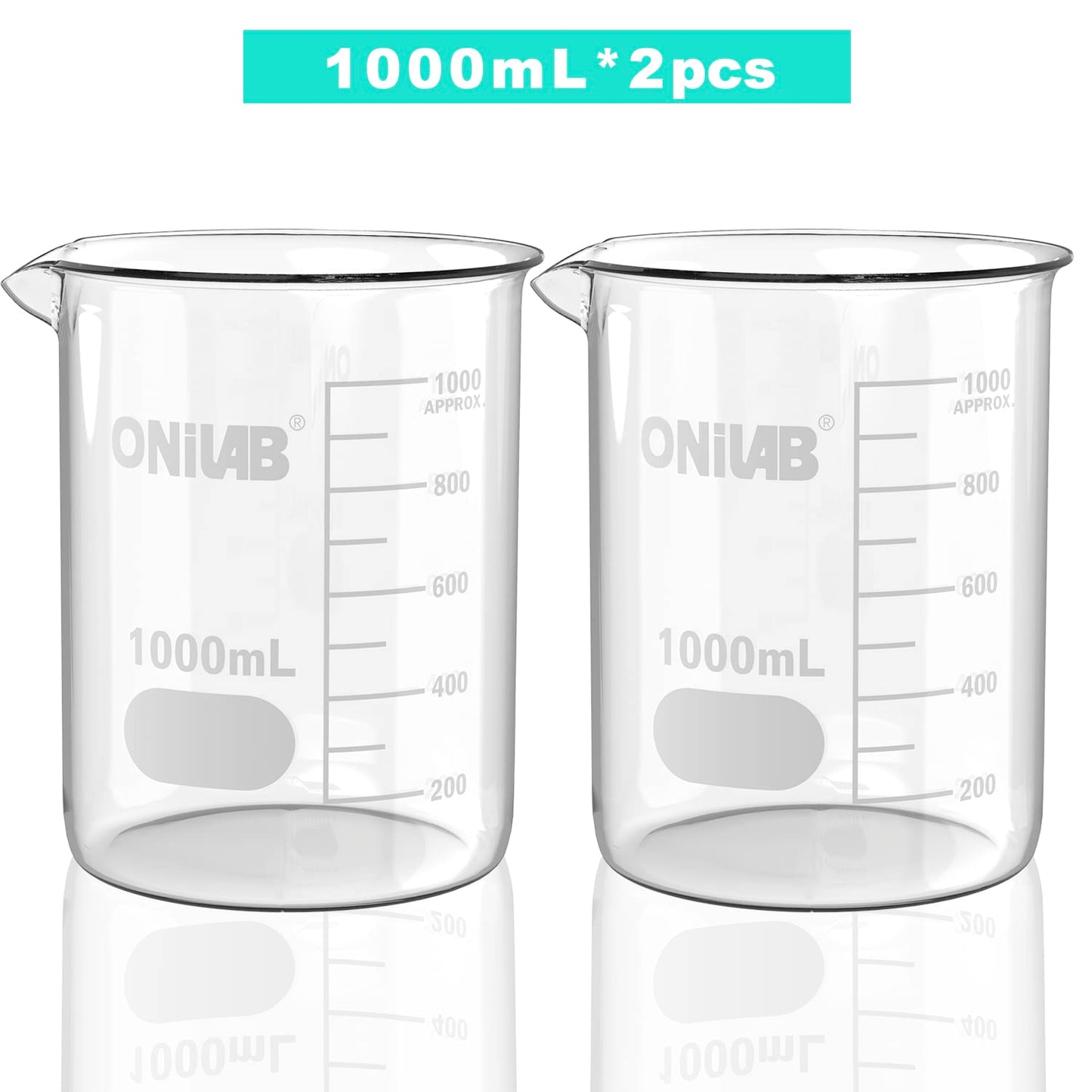 ONiLAB Glass Measuring Beaker Set 50ml 100ml 250ml 500ml 1000ml(Pack of 5) 3.3 Boro Griffin Low Form with Printed Graduation Scientific Glassware for Laboratories, Classrooms or Home Use
