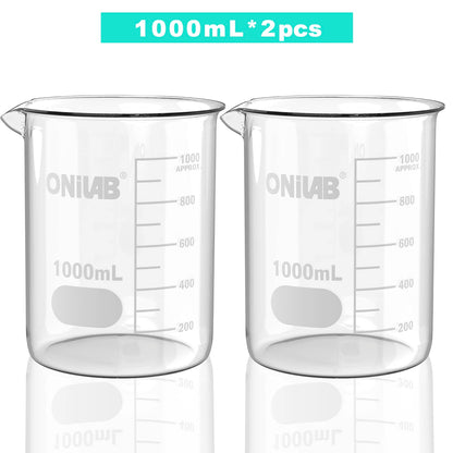 ONiLAB Glass Measuring Beaker Set 50ml 100ml 250ml 500ml 1000ml(Pack of 5) 3.3 Boro Griffin Low Form with Printed Graduation Scientific Glassware for Laboratories, Classrooms or Home Use