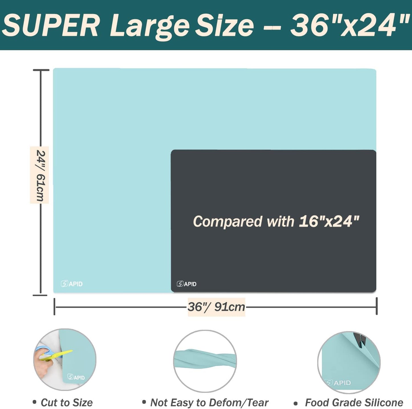 Extra Large Silicone Mat 36" x 24" Place Mats, Heat Resistant Mat for Kitchen Countertop Protector, Thick Placemats Washable Silicone Mats for Kitchen Counter Mat Dining Table Mat, Grey, Sapid