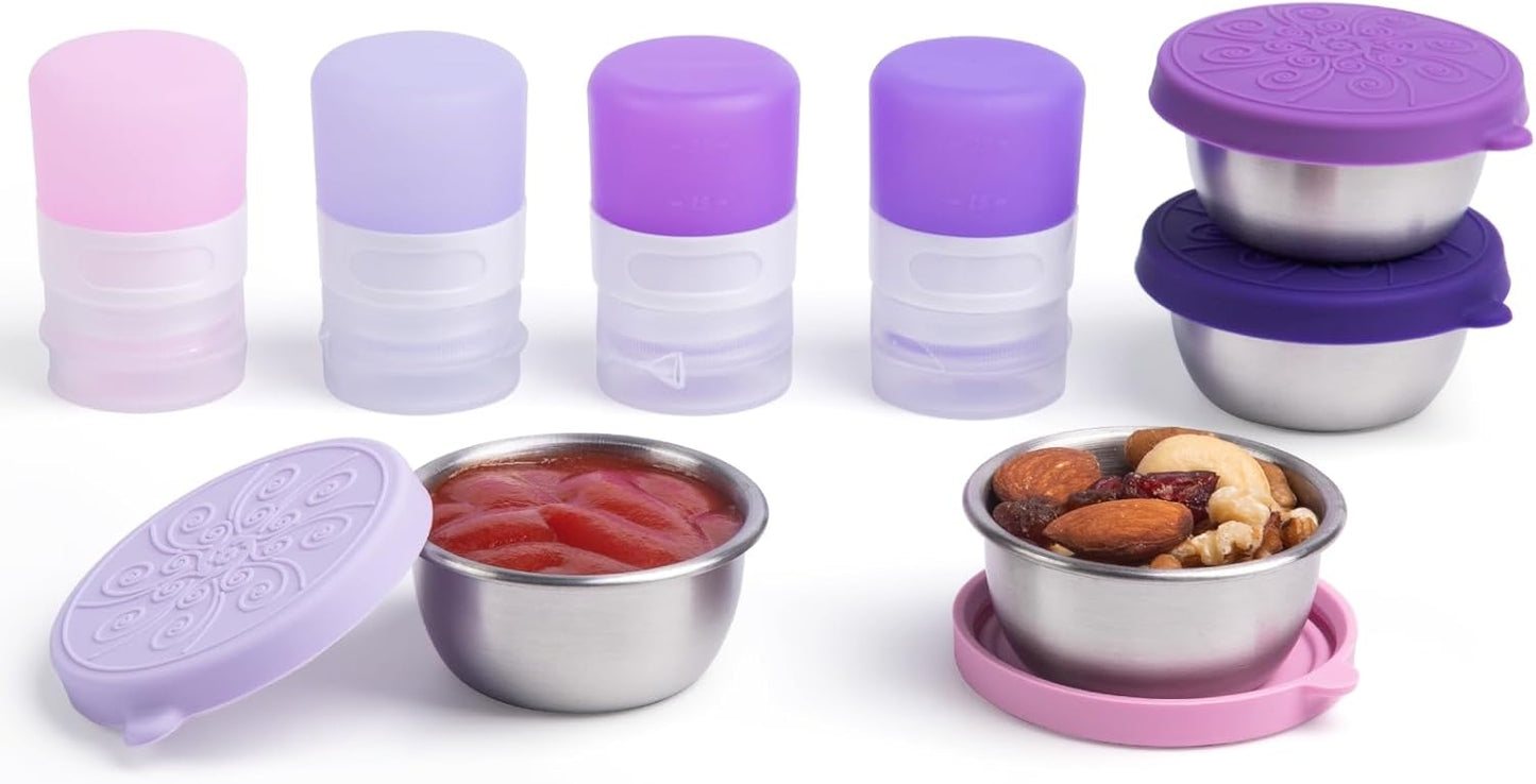 MICEBAY 8-Pack Salad Dressing Container To Go, 2-oz Silicone Small Condiment Squeeze Bottles and 1.6 oz Stainless Steel Sauce Containers Cups, Leakproof Condiment Containers with Lids for Lunch Box