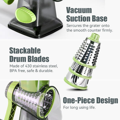 KEOUKE Rotary Cheese Grater Hand Crank Transparent - Shredder Slicer Grinder 3 Stainless Steel Blades, Stable Suction, Labor-Saving Handle, Safe Kitchen Tool for Cheese, Vegetable, Nuts, Chocolate