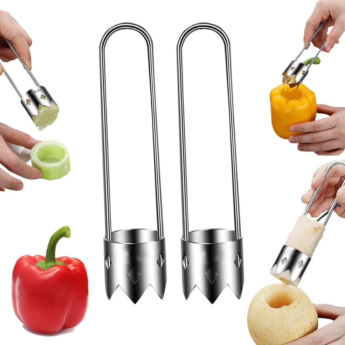 Red Bell Pepper Corer 2 PCS, Jalapeno Corer & Apple Stainless Steel Fruit and Vegetable Corer Gadgets, Core Remover Tool for Zucchini, Tomato, Pear and More Practical Kitchen Tools