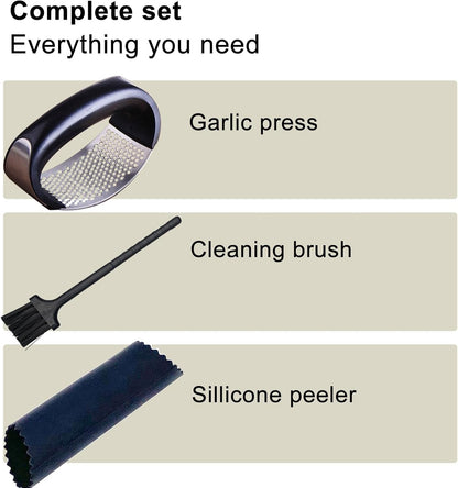 Innovative Rocking Garlic Press Set–Premium Stainless Steel Garlic Crusher with Ergonomic Handle,Includes Garlic Peeler&Cleaning Brush,Easy to Clean,Effortless Mincing Tool for Kitchen
