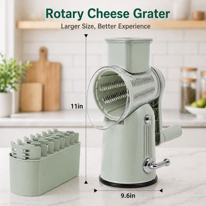 5 in 1 Rotary Cheese Grater with Hand Crank, 5 Replaceable Blades, Strong Suction Base, Multi-Functional Vegetable Slicer Shredder Chopper with Blade Storage Box for Fruit Vegetables Nuts(Green)