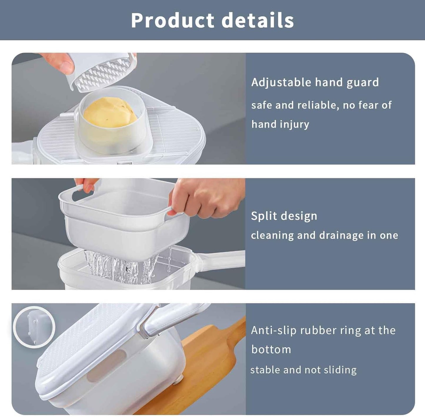 Hand Safe Mandoline Slicer with 3mm Blades Vegetable Cutter for Potato, Carrot, Onion, Garlic, White (4-in-1)