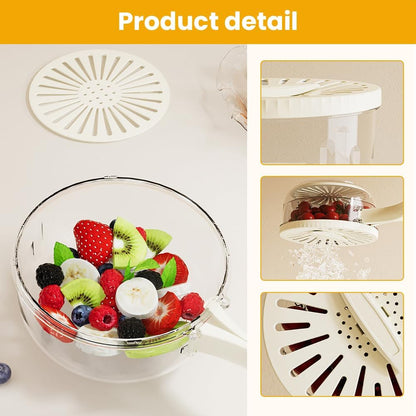 Multifunctional Fruit and Vegetable Washing Bowl, 2025 New Fruit Washing Bowl with Strainer, Fruit Strainer Container with Lid, Fruit Drainer Container with Handle for Vegetable Washing (Brown)
