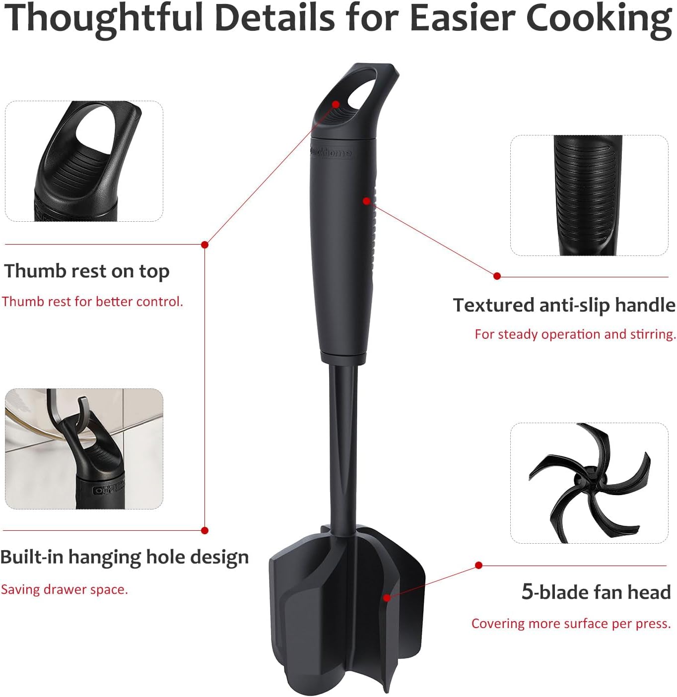 Ourokhome Meat Chopper and Potato Masher, Heat Resistant Nylon Ground Beef Smasher for Hamburger, 5 Curved Blades Nonstick Mixer & Stirrer, Practical Kitchen Gadgets, Black