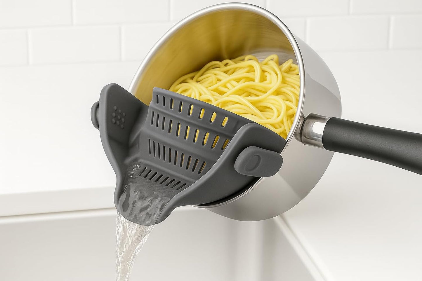 Smart Pots Food Strainer, Clip-On Silicone Colander, Heat-Resistant by TerraHome (Black)