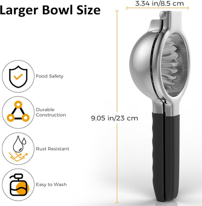 Stainless Steel Lemon Squeezer - Metal Citrus Juicer - Lime Lemon and Fruit Juicer with Silicone Handles - Large Manual Citrus Press Juicer - Hand Held Squeezer - Ergonomic Design with Solid