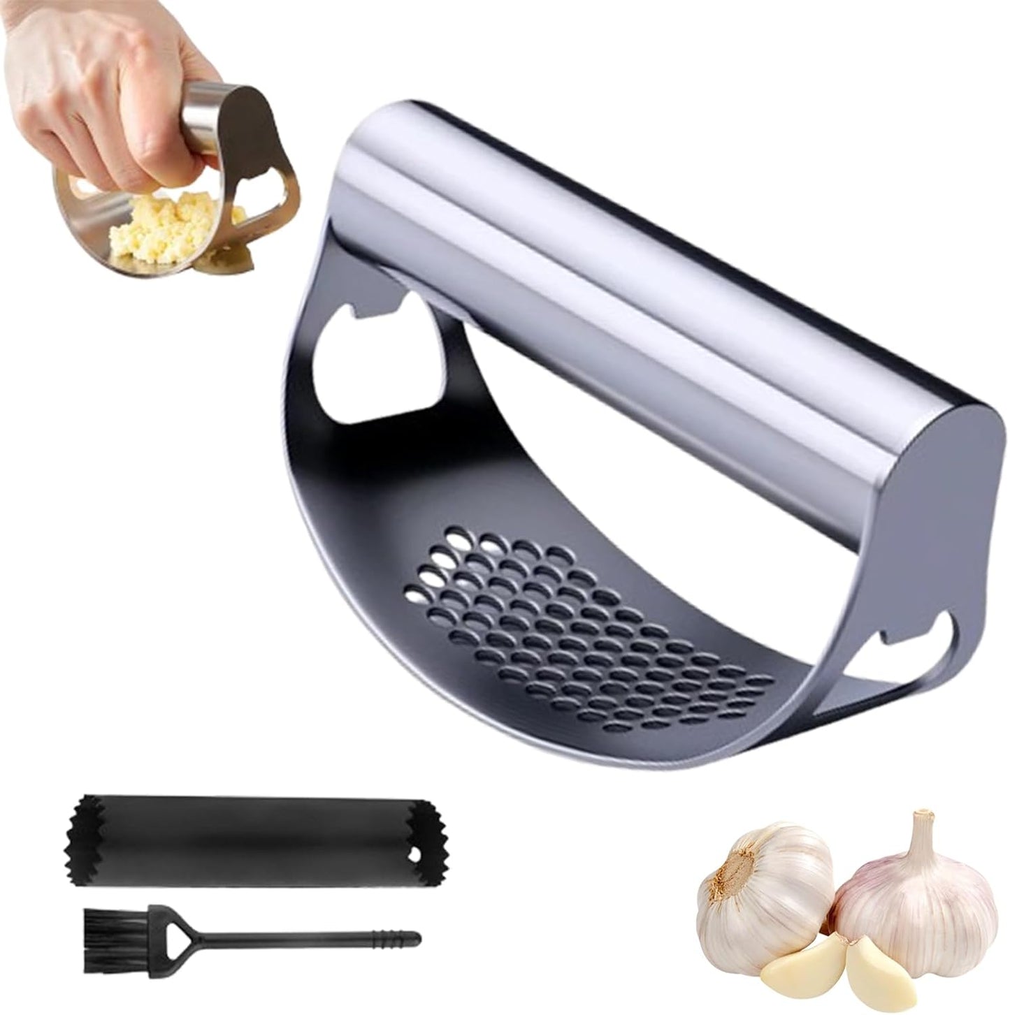 Stainless Steel Garlic Press Rocker, 2026 New Heavy Duty Ergonomic Garlic Crusher Tool with Peeler and Brush for Smash Garlic Built-in Bottle Opener Kitchen Gadget (2sets)
