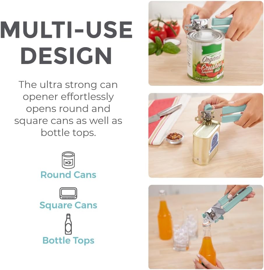 Kitchen Genie Slip Resistant Stainless Steel Manual Can Opener, Sharp Blade for Smooth Edge Cuts, Easily Open Cans, Ergonomic Handles with Easy to Turn Knob, Built-In Bottle Openers, Pitch Black