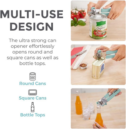 Kitchen Genie Slip Resistant Stainless Steel Manual Can Opener, Sharp Blade for Smooth Edge Cuts, Easily Open Cans, Ergonomic Handles with Easy to Turn Knob, Built-In Bottle Openers, Pitch Black
