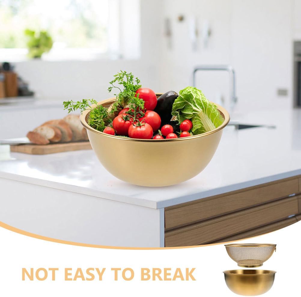 Amosfun Stainless Steel Colander Rice Strainer With Mixing Bowl - Rice Filter Basket Washing Bowl Space-saving Design Easy to Use