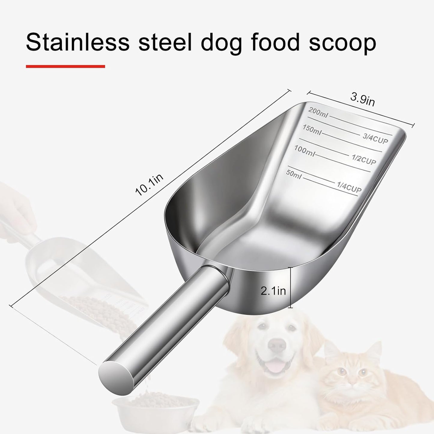 Pet Dog Food Scoop, 304 stainless steel material, 1 Cup Measuring Cup with Precision Scale Markings, Durable and Rust-Resistant