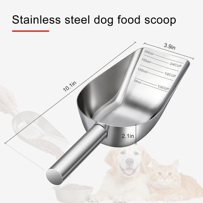 Pet Dog Food Scoop, 304 stainless steel material, 1 Cup Measuring Cup with Precision Scale Markings, Durable and Rust-Resistant