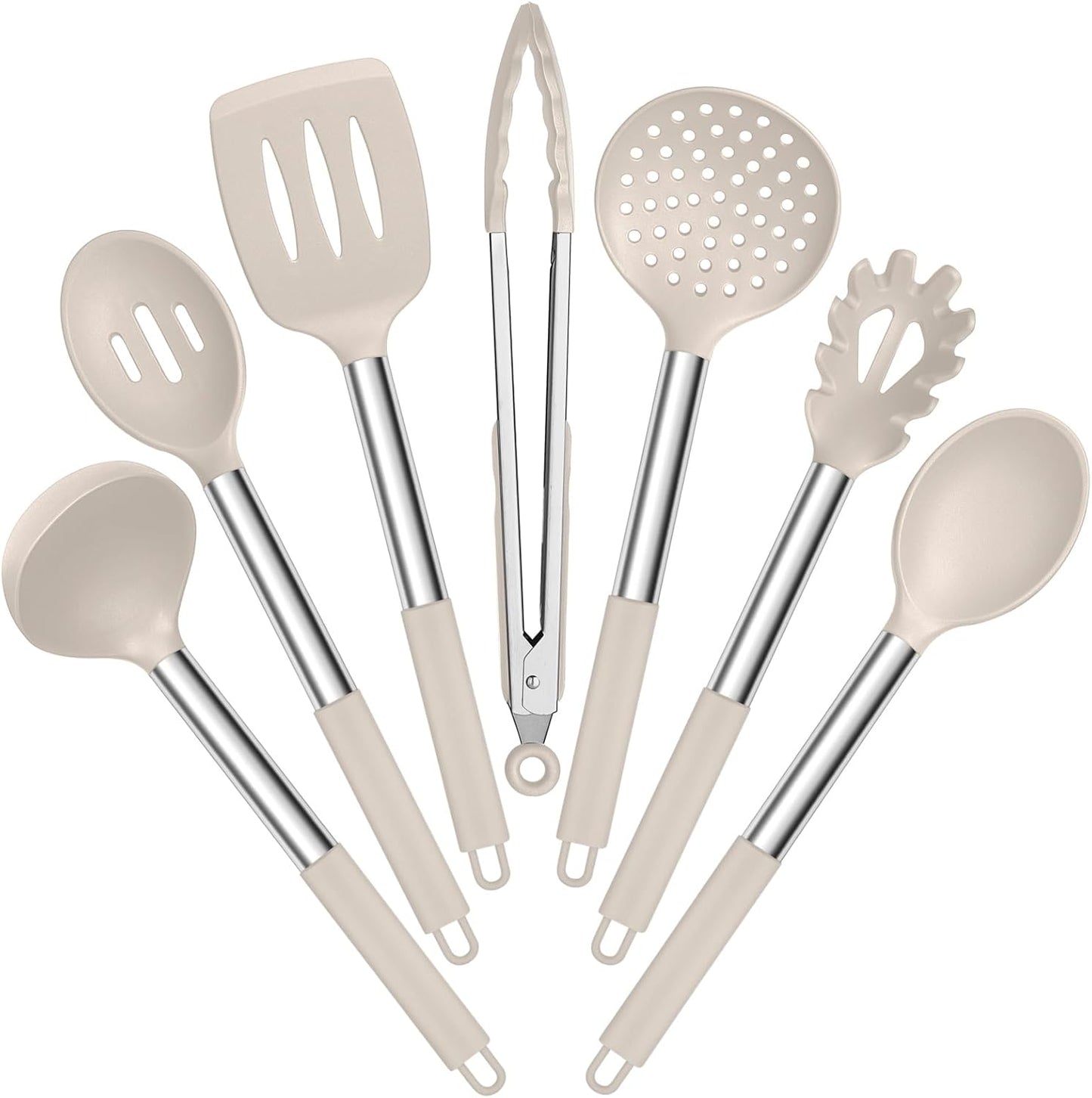 E-far Silicone Cooking Utensils Set, 7 Pcs Heat Resistant Kitchen Utensils with Stainless Steel Handle, Slotted Turner, Spoon, Soup Ladle, Pasta Server, Skimmer, Tongs for Nonstick Cookware, Black