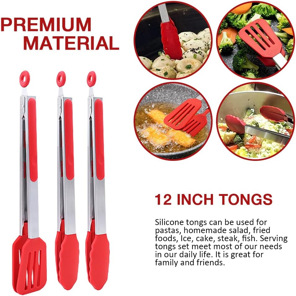 Mini Silicone Serving Tongs Set of 3, Small Kitchen Tongs (7 inch) with Silicone Tips and Stainless Steel Handle, Cooking Tongs for Salads, Pasta, Steaks, Vegetables