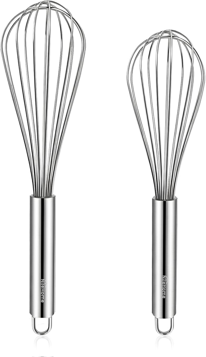 NileHome Stainless Steel Whisk 8" Hand Blender + 10" Semi-Automatic Rotary Kitchen Whisk Kitchen Wisk Wire Whisks for Cooking, Whisking, Blending, Beating, Stirring- 2 Pack...