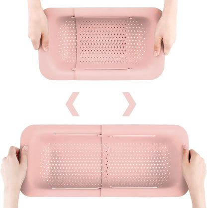 Collapsible Colander Kitchen Extendable Strainer Fruits Vegetables Noodle Pasta Food Drain Basket Space-Saver Portable Drainer Over Sink (1, 4#Pink)
