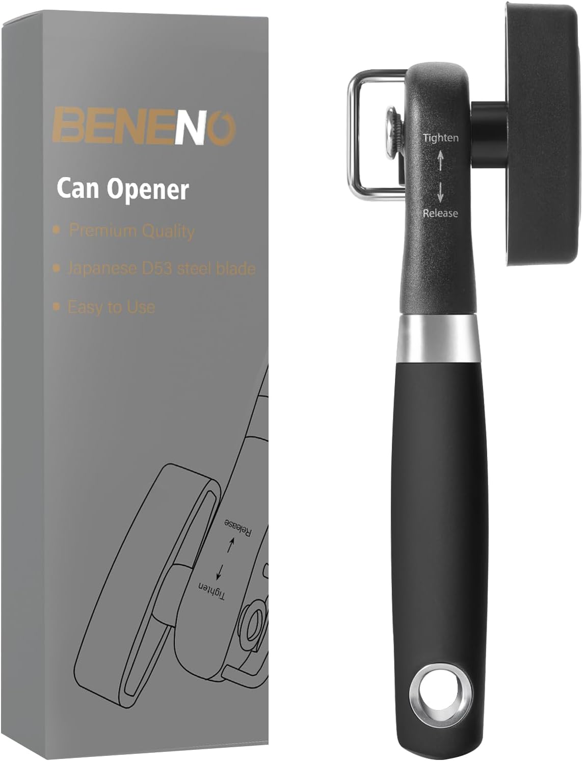 Beneno Can Opener, Manual Side Safe Cut Can Opener Smooth Edge with Durable Sharp Blade, Effort-Saving Knob & Comfortable Non-slip Handle, Brown