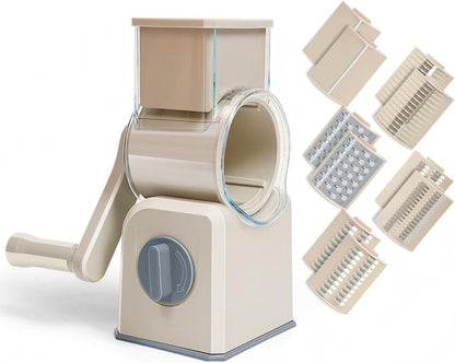 Rotary Cheese Grater with Hand Crank, Multi-Purpose Shredder Slicer with 3 Interchangeable Stainless Steel Blades for Shredding, Slicing, and Grating Cheese, Vegetables, and Fruit (Beige)