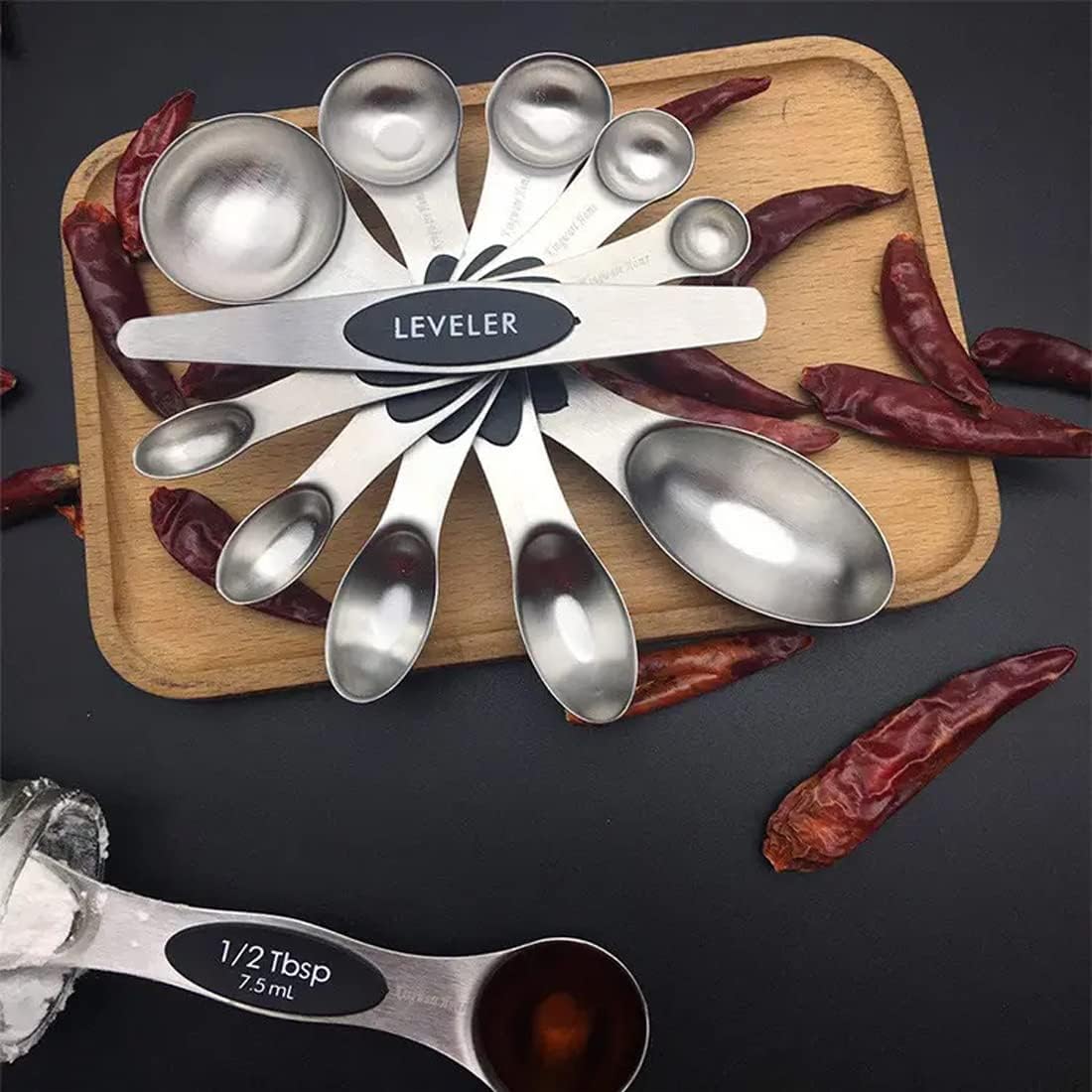 Set of 7 Stainless Steel Magnetic Measuring Spoons Set with Leveler - Stackable Tablespoon Measure Spoon for Baking and Cooking, Kitchen Gadgets for Apartment Essentials (Pink)