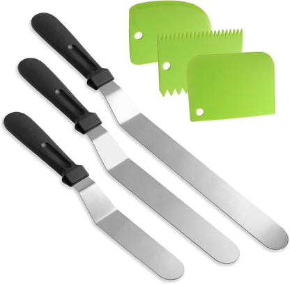Litoexpe 6 Pack Stainless Steel Icing Spatulas with 3 Blue Cake Smoother Scrapers, Angled Cake Spatulas Cake Smoother Scrapers, Frosting Offset Spatula Set for Cake Decorating Baking (6", 8", 10")