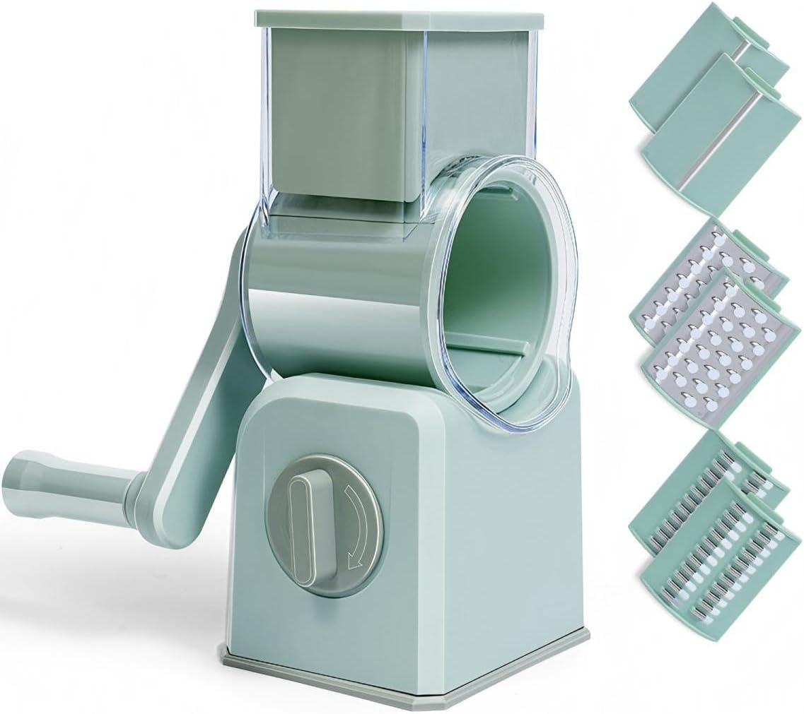 Rotary Cheese Grater with Hand Crank, Multi-Purpose Shredder Slicer with 3 Interchangeable Stainless Steel Blades for Shredding, Slicing, and Grating Cheese, Vegetables, and Fruit (Beige)